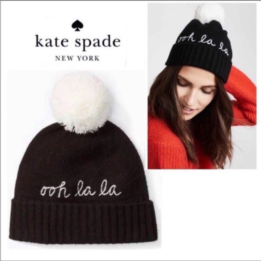 KATE SPADE Ooh La La Pom Beanie Black and White Wool Blend NEW